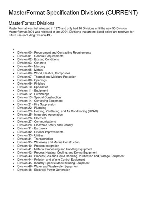 masterformat construction divisions